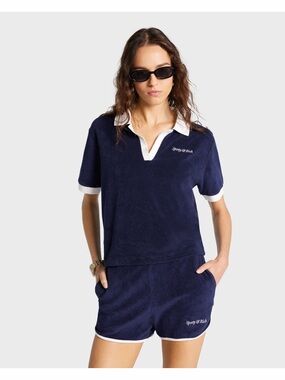 Sporty & Rich Italic Logo Terry Polo XS Navy White Preppy Nautical Tennis Casual